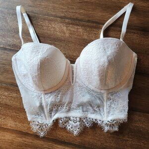 Victorias Secret Dream Angels White Lace Longline Push Up Bra 32D Bridal Bustier